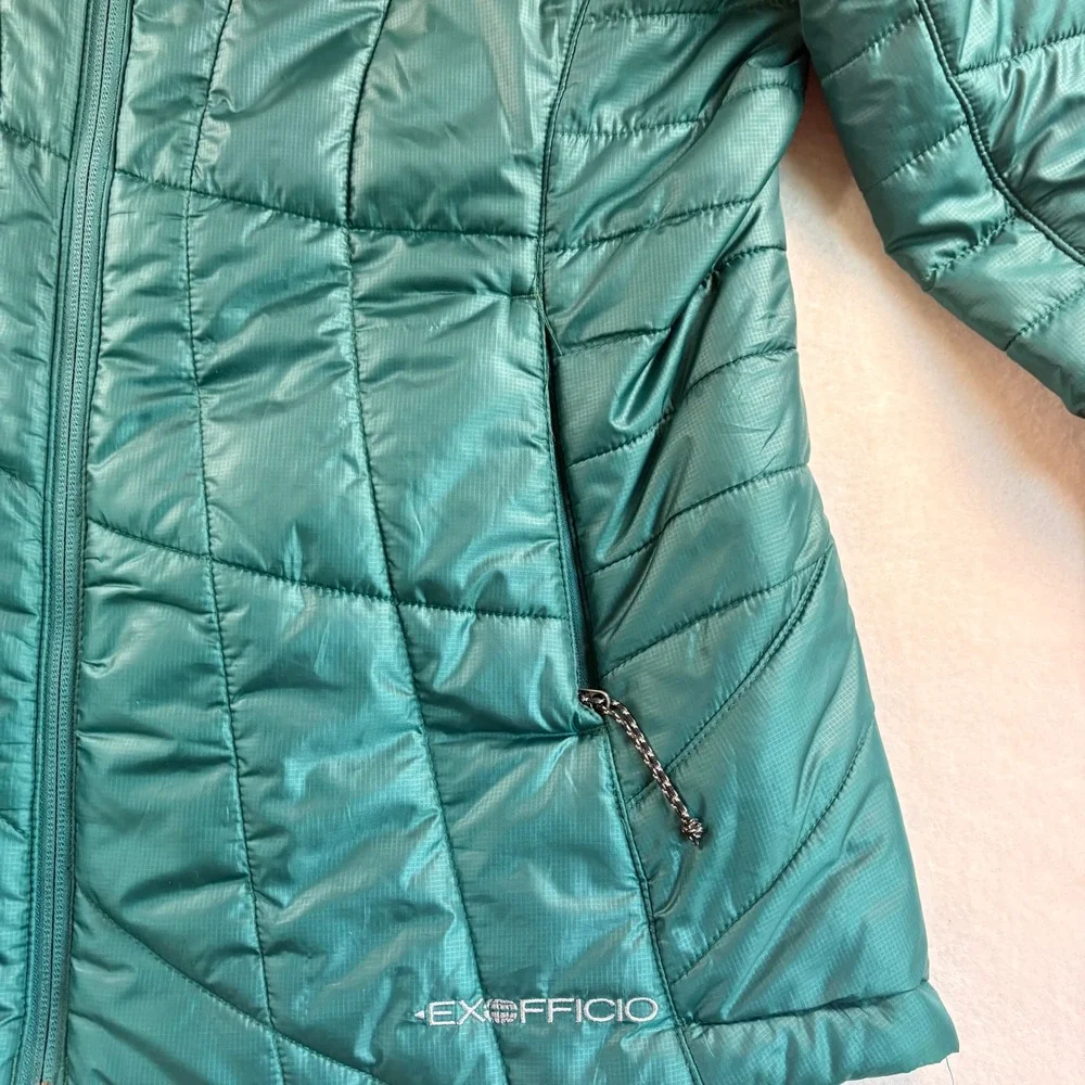 ExOfficio Womens Teal Green Quilted Puffer Jacket Primaloft Travel Coat Size M
